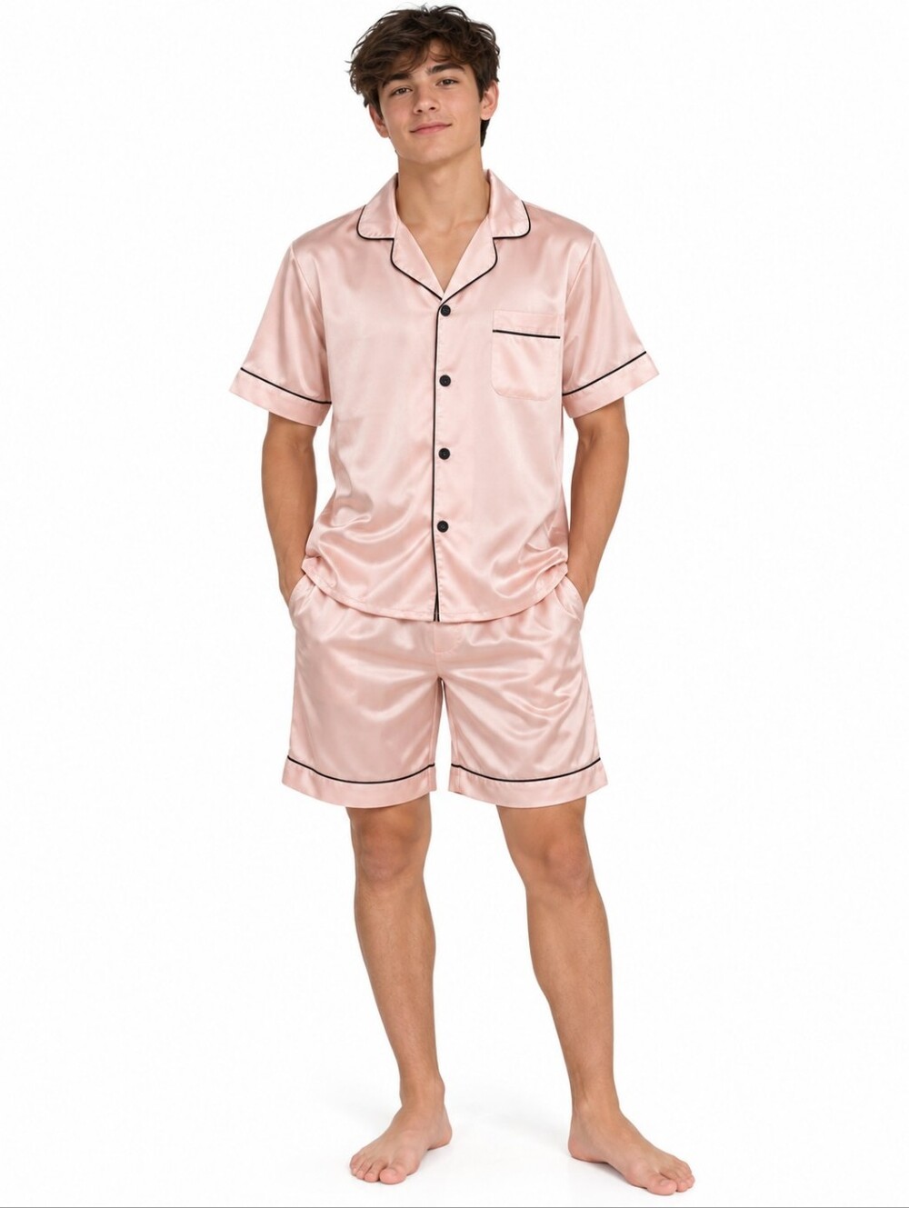 Men's Satin Short Pajama Set - Blush Pink Button Down Small